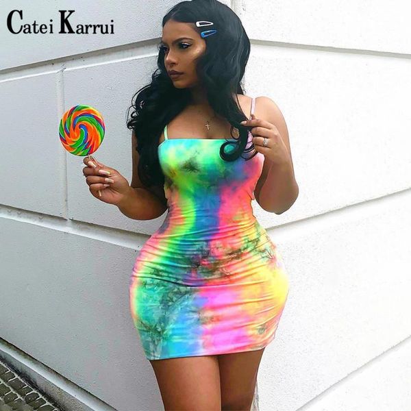 

catei karrui 2021 new women's dress summer fashion tie dye suspender dress hip necessary for nightclub, Black;gray