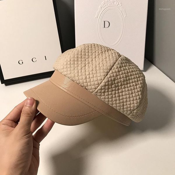 

stingy brim hats fibonacci 2021 faux leather octagonal for women winter retro painter hat british black beret patchwork sboy cap1, Blue;gray