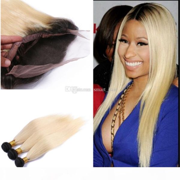 

ombre blonde color 360 full lace band frontal closure with brazilian virgin #1b 613 human straight hair bundles double wefted 13x4x2, Black