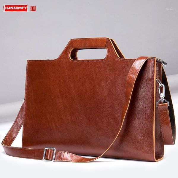 

pure cowhide leather men briefcase business 14 inch lapbag pocket handbag retro portable briefcase shoulder messenger bags1