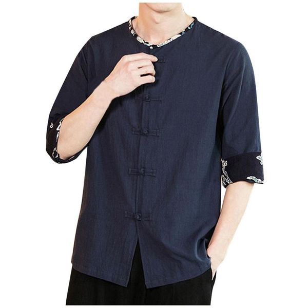 

men's casual shirts summer vintage chinese style pure color cotton linen three quarter sleeve men blouse chemise homme a40, White;black