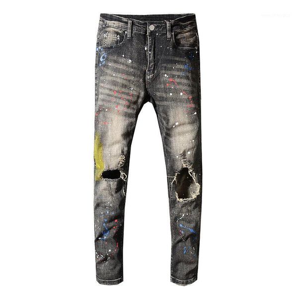 

men's jeans sokotoo men's gray black painted holes ripped slim skinny distressed stretch denim pants long trousers1, Blue