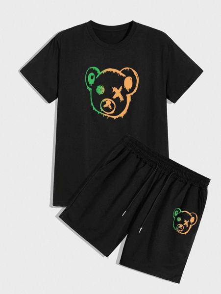 

men cartoon graphic tee & track shorts p4dr#, Gray