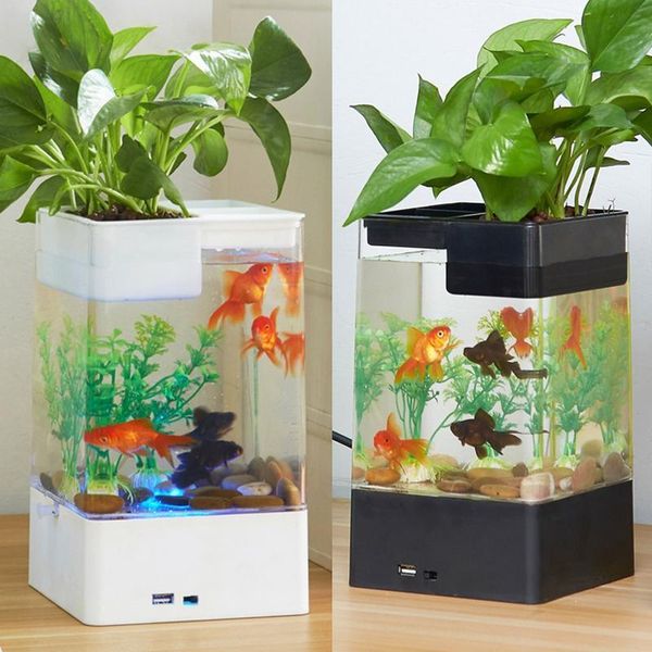 Kleines Aquarium, Acryl-Aquarium, kein Wechsel des Wassers erforderlich, Lazy Mini-Kampf-Aquarium, USB-Standardkonfiguration mit LED-Licht Y200922