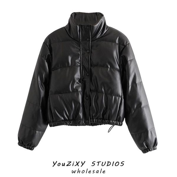 

women's down & parkas street style retro pu imitation leather padded stand collar jacket casual temperament warm, Black