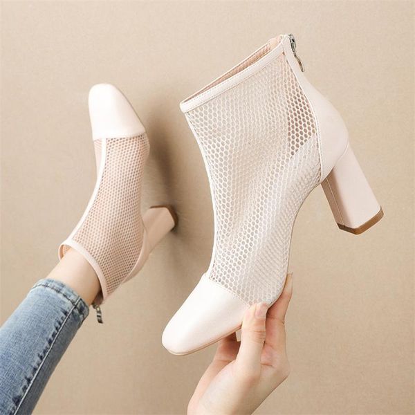 

plus 40 woman square toe mesh ankle boots new autumn thick high heel leather shoes all-match women rear zipper boots, Black