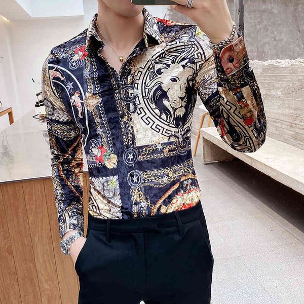 

men's casual shirts male shirt long-sleeved korean slim personality trend leopard print handsome gold velvet shirt pwab, White;black