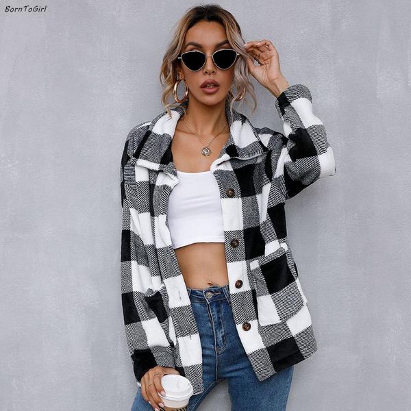 

borntogirl spring autumn winter vintage grid cardigans women loose long sleeve black white gray plaid coat outerwear