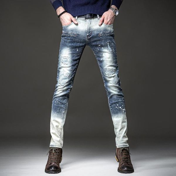 

new men's male tide brand retro ripped jeans splash ink gradient american personality beggar pants trousers, Blue