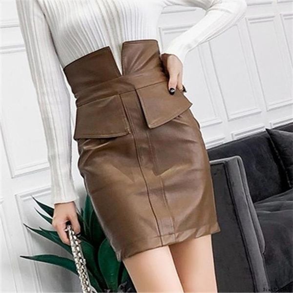 

women black pu leather skirt autumn winter high waist skirt bodycon mini streetwear office lady casual wear
