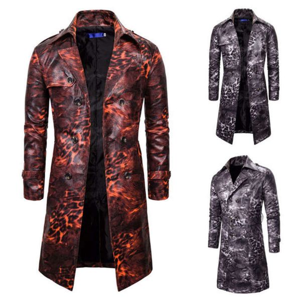 

19 new european men's leopard fashion double breasted personalized long windbreaker, Tan;black