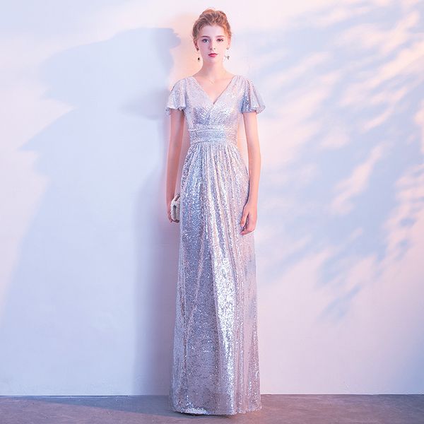 

2021 new elegant short sleeve sequins beading floor length long v-neck high waist women party vestidos w38u, Black;gray