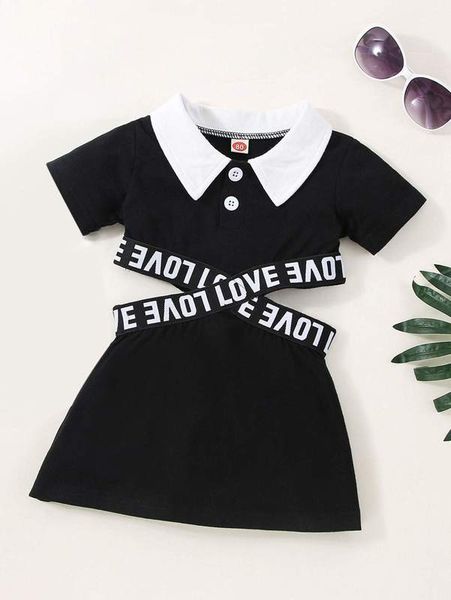 

baby contrast collar cut out letter tape dress she, Red;yellow