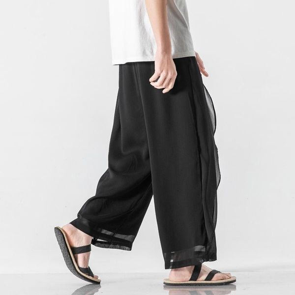 

neploha chinese style men's chiffon wide leg loose large pants black solid color man trousers 2021 fashion man clothing
