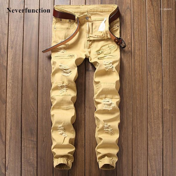 Jeans masculinos khaki branco homens negros slim rasgados famosos streetwear buracos de joelho cor sólida casual motocicleta motociclista bochechos denim calça de denim1