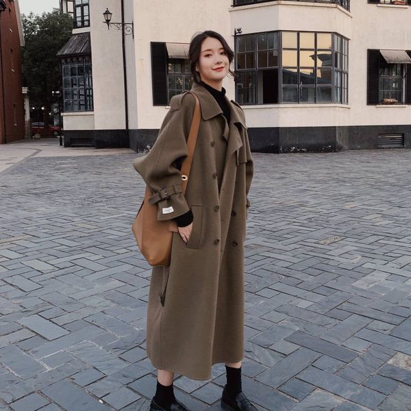 

vintage army green cashmere wool coat women winter clothes long sleeve double-breasted loose overcoat belted woolen outerwearx1020, Black