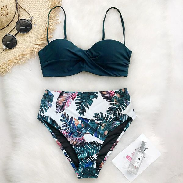 

leaf print bikini 2020 female swimsuit women swimwear thong push up bikinis set high waist swimming suits for bathing suit, Black