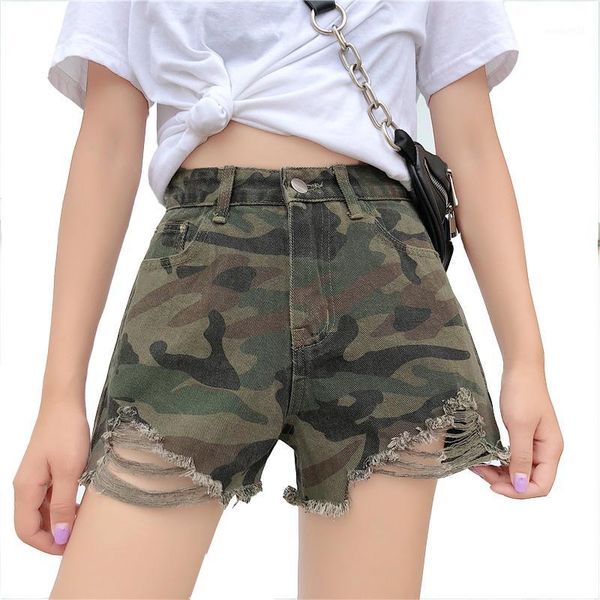 

women's shorts summer for women 2021 army green camouflage ripped ladies casual elastic high waist short femme1, White;black