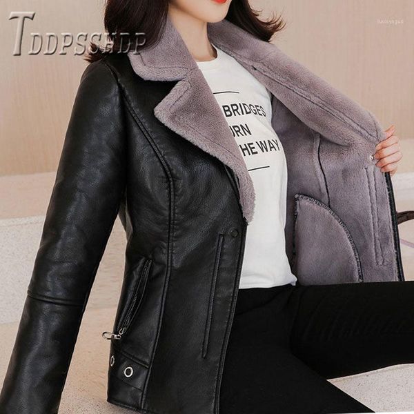 

2019 pu leather and fluff women coat winter thick warm windproof imitation lambswool female jacket1, Black