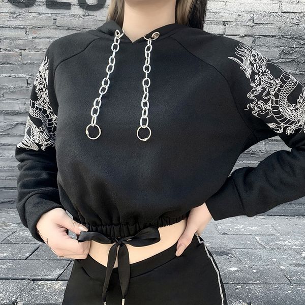 

2021 new spring long female autumn hoodie pullovers fashion loose cord short hoodies printed woman streetwear sweatpants 8hry, Black