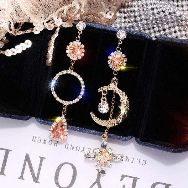 

korean elegant moon twist ring hanging dangle asymmetrical bohemian prevent allergy vintage stud earrings high quality, Golden
