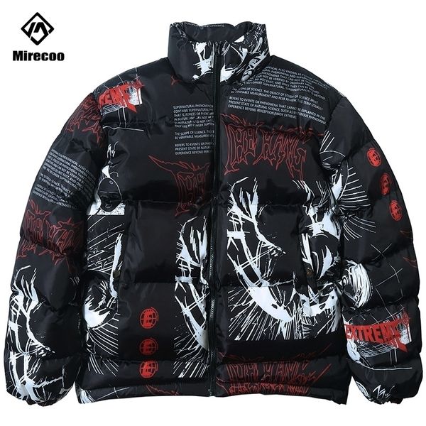 

parka down jacket japanese cartoon graffiti print men winter padded jacket windbreaker streetwear harajuku coat hip hop outwear 201120, Black