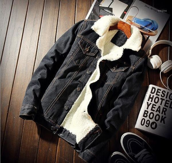 

denim bomber jacket with fur men black fashion jeans jacket fleece winter jeansjacke herren men blue oversized1, Black;brown