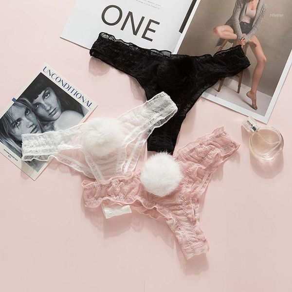 

women's panties lace tail women's underpants breathable transparent underwear comfort thong low rise g-string1, Black;pink