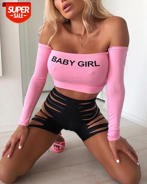 

new fashion letter off shoulder long sleeve t-shirts women slim fit crop chic slash neck bodycon tees clubwear #xw8l, White