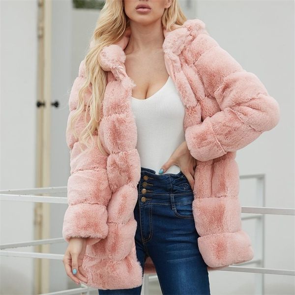 

new fur cat winter clothes women ladies warm faux fur coat jacket solid hooded outerwear 201103, Black