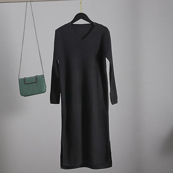 

2021 new v neck knit women sweater autumn winter long sleeve pullover midi dress thick warm christmas party dresses wv78, Black;gray