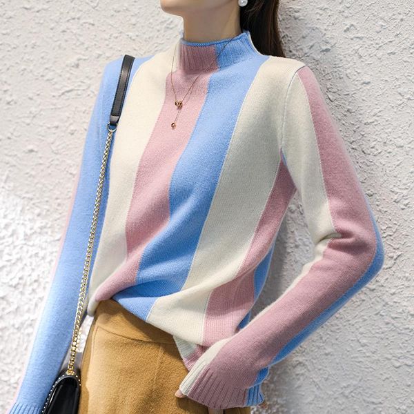 

women's sweaters 2021 cashmere sweater half high collar matching 100% pure wool cardigan fashion plus size warm knitted bottoming, White;black