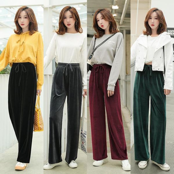 

fashion wide leg pants for women 2019 autumn new casual solid pleuche high waist long loose trousers soft pants femme plus size1, Black;white