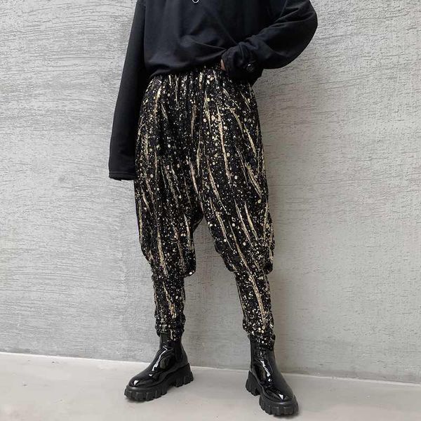 

men autumn winter shiny gold pencil pants male streetwear hip hop punk gothic harem pants joggers sweatpants stage clothing1, Black