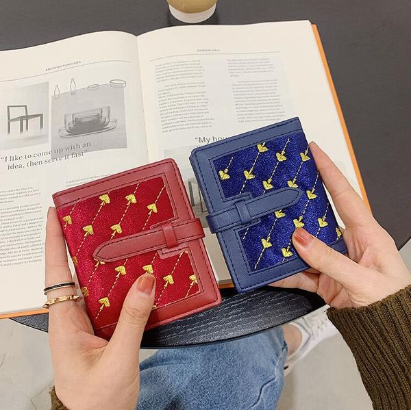 

factory wholesale women bag trend small fresh folding short wallets sweet and lovely leather womens purse multifunctional fashion embroidery, Red;black