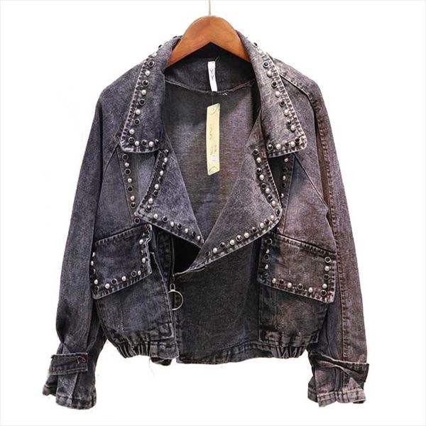 

perhaps u womens short cropped denim blue jacket button long sleeves jean notch collar pocket rivet c0110, Black;brown