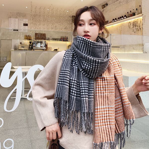 

scarf women's autumn and winter new style double face thousand bird pattern color matching tassel shawl klwe, Blue;gray