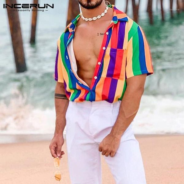 

incerun summer fashion colorful striped men shirt short sleeve lapel 2020 casual loose blouse streetwear hawaiian beach shirts1, White;black