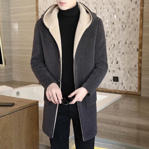 

autumn winter woolen trench coat men's hooded jackets long trendy slim coats thicker warm steetwear windbreaker chaquetas hombre1, Black