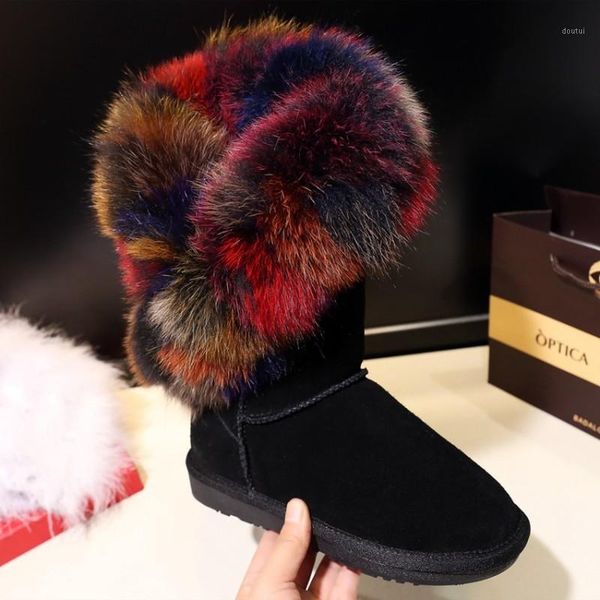 

boots us4-11 womens round toe mid calf real fur big furry colorful warm thick winter fleece liner snow shoes black plus size1