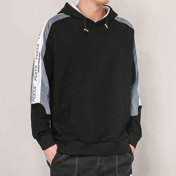 

spring and autumn new letter stitching for loose sports strip contrast color hooded men's sweater fashion, Gray