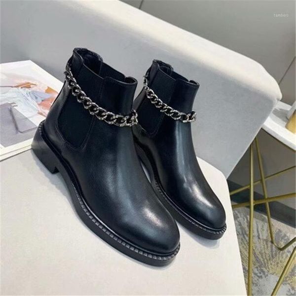 

women big chain shoes ankle boots fashion genuine leather boots square root shoes round toe warm winter1, Black