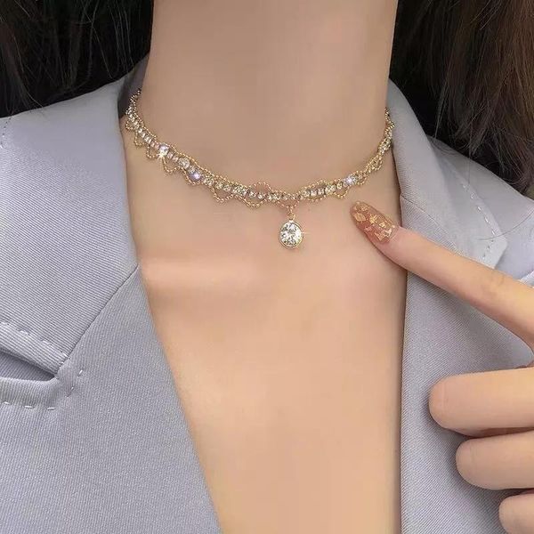 

kpop vintage chic gold silver color chain choker crystal necklace for women girls party wedding aesthetic office jewelry, Golden;silver