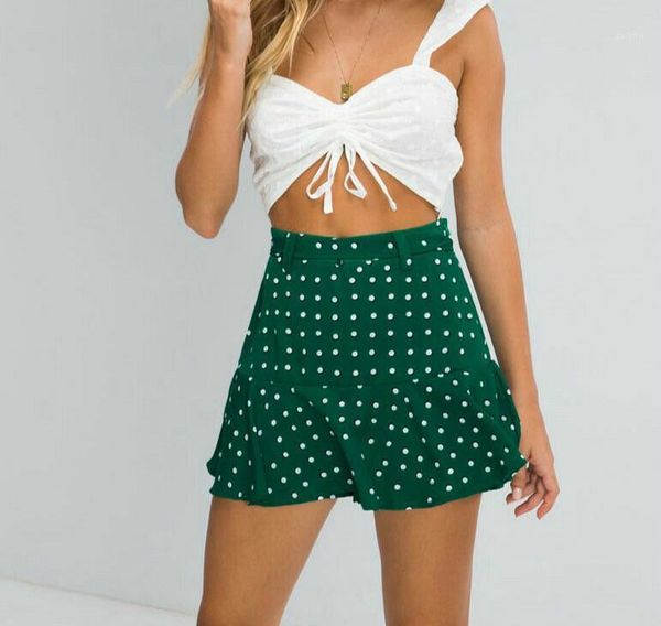 

summer holiday women ladies bodycon vintage ruffle high waist shorts stretch short mini lace up beach polka dot shorts skirts1, White;black