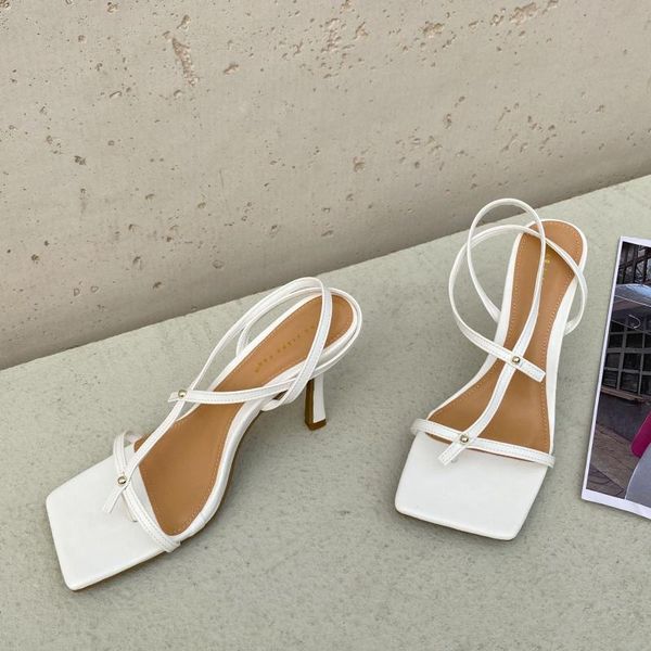 

women's shoes 2021 new summer fashion candy colors narrow band pu solid stiletto heels sandals retro zapatos de mujer, Black