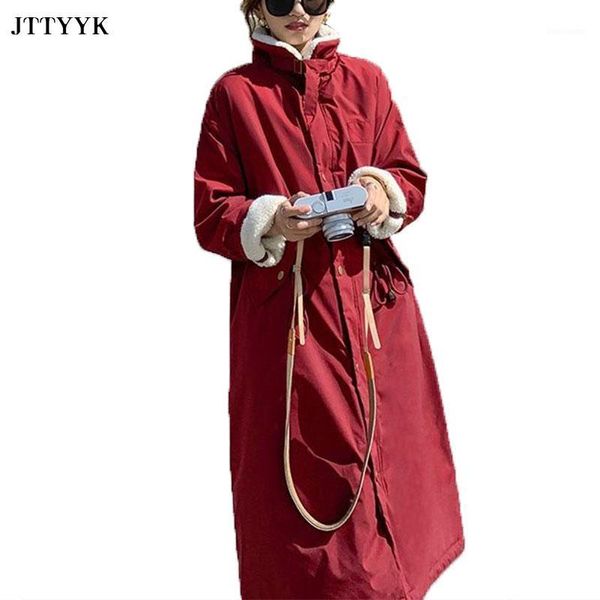 

winter long lamb wool parka jacket womens over the knee stand collar jackets 2020 loose thick warm coat women casual slim coats1, Black