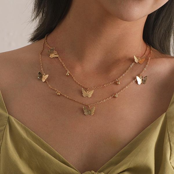 

trendy temperament alloy butterfly charm pendant necklace for women double layer vintage geometric clavicle necklaces jewelry, Golden;silver
