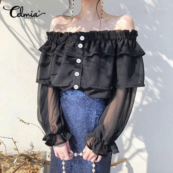 

fashion celmia off shoulder women long sleeve blouses 2020 summer perspective strapless buttons office ruffles blusas1, White