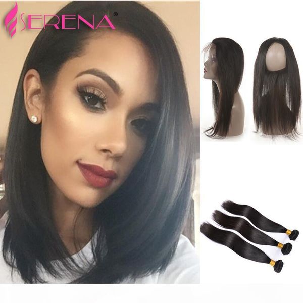 

malaysian straight hair pre plucked 360 lace frontal 360 lace frontal with bundle ear to ear lace frontal closure with bundles human hair, Black;brown
