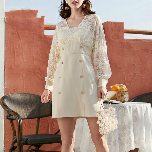 

patchwork lace long sleeve v neck mini dress fashion women's dresses v8521, Black;gray